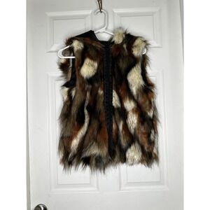 American Eagle Outfitters Womens Small Hooded Faux Fur Vest Multi Color Zip‎ Up